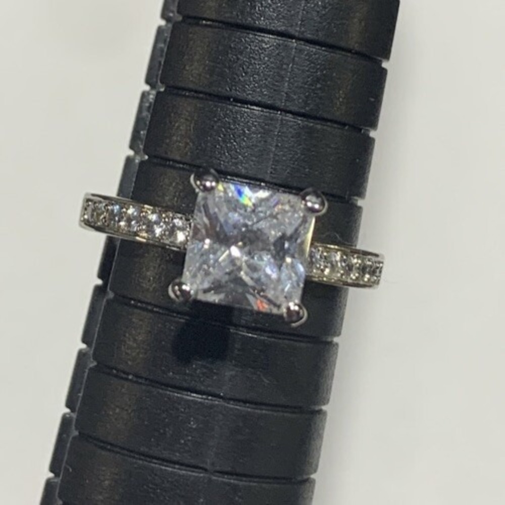 JewelScent Solitaire CZ Ring Size 7 Rhodium Plated Brass Princess Cut Accents